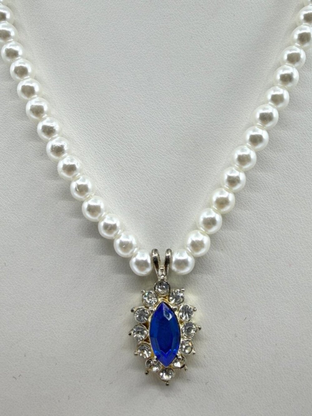 Royal Blue Faux Pearl Necklace with Marquise Rhinestone Pendant